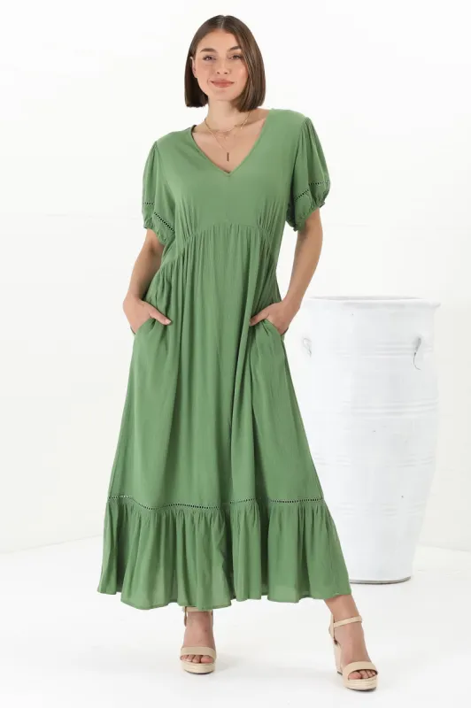 Marin Maxi Dress - Hollow-Out Lace Detailed Empire Waist Line Dress in Khaki sold by Salty Crush