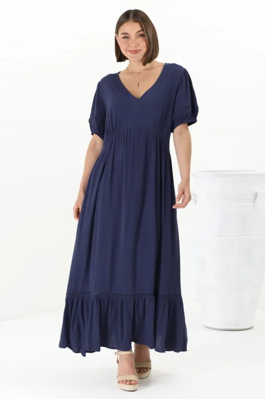 Marin Maxi Dress - Hollow-Out Lace Detailed Empire Waist Line Dress in Navy sold by Salty Crush