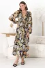 Helia Midi Dress - V Neck A Line Dress with Cinched Waist in Elsa Print Black sold by Salty Crush
