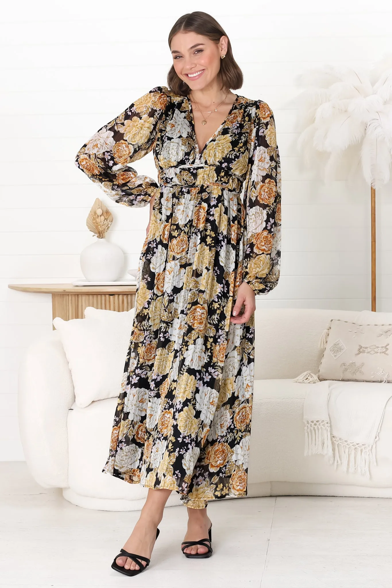 Helia Midi Dress - V Neck A Line Dress with Cinched Waist in Elsa Print Black sold by Salty Crush product image thumbnail 2