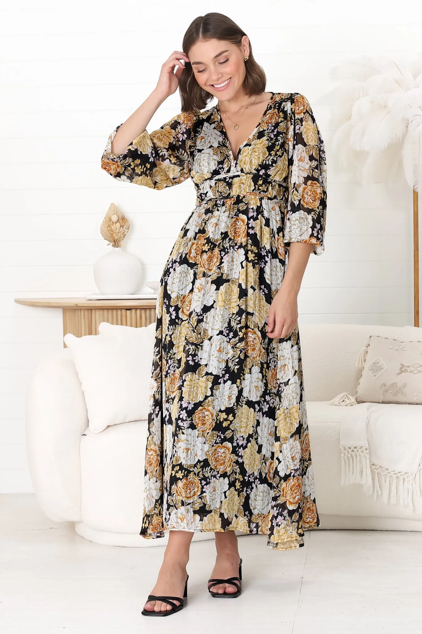 Helia Midi Dress - V Neck A Line Dress with Cinched Waist in Elsa Print Black sold by Salty Crush product image thumbnail 5