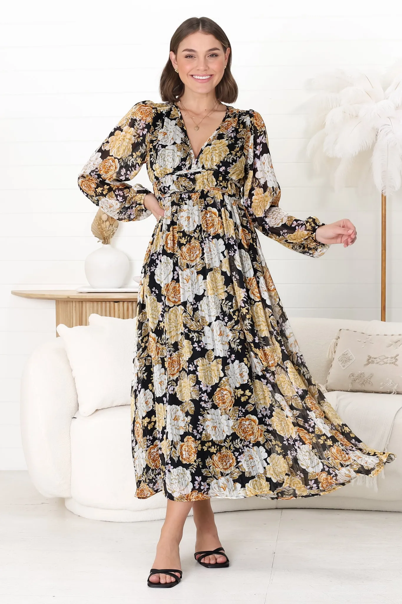 Helia Midi Dress - V Neck A Line Dress with Cinched Waist in Elsa Print Black sold by Salty Crush