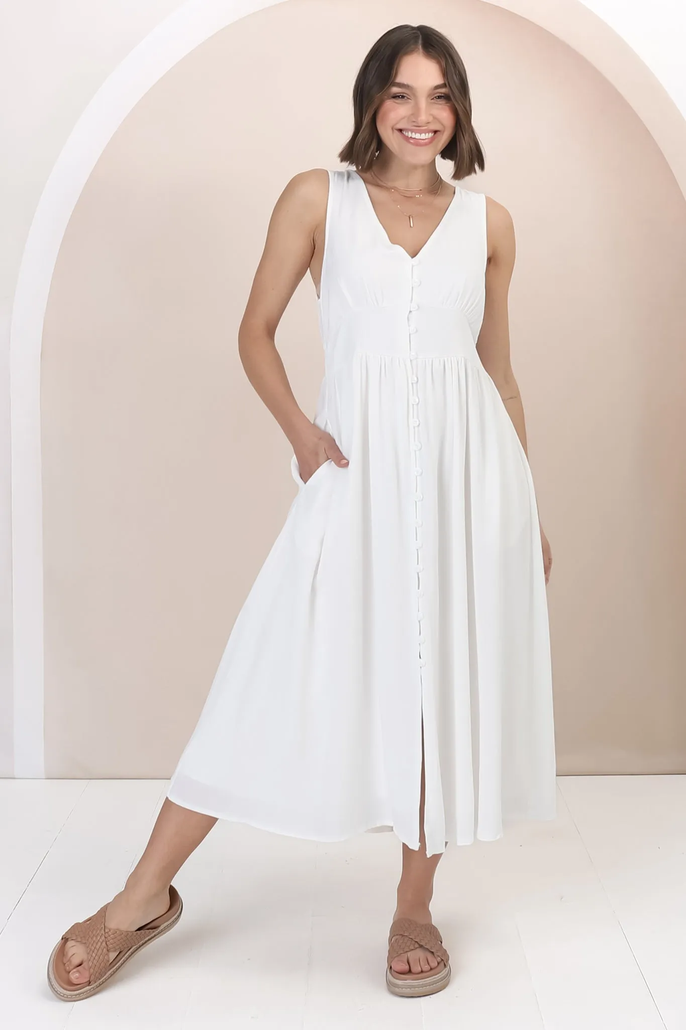 Anaya Midi Dress - V Neck Linen/Cotton Blend Button Down Sleeveless Dress in White sold by Salty Crush product image thumbnail 5