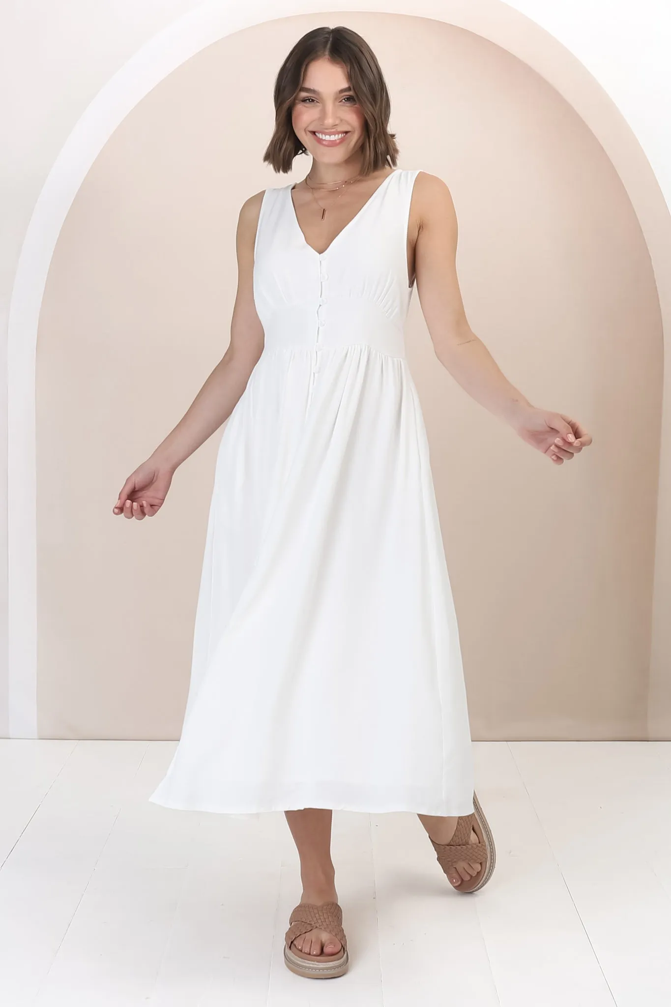 Anaya Midi Dress - V Neck Linen/Cotton Blend Button Down Sleeveless Dress in White sold by Salty Crush product image thumbnail 4