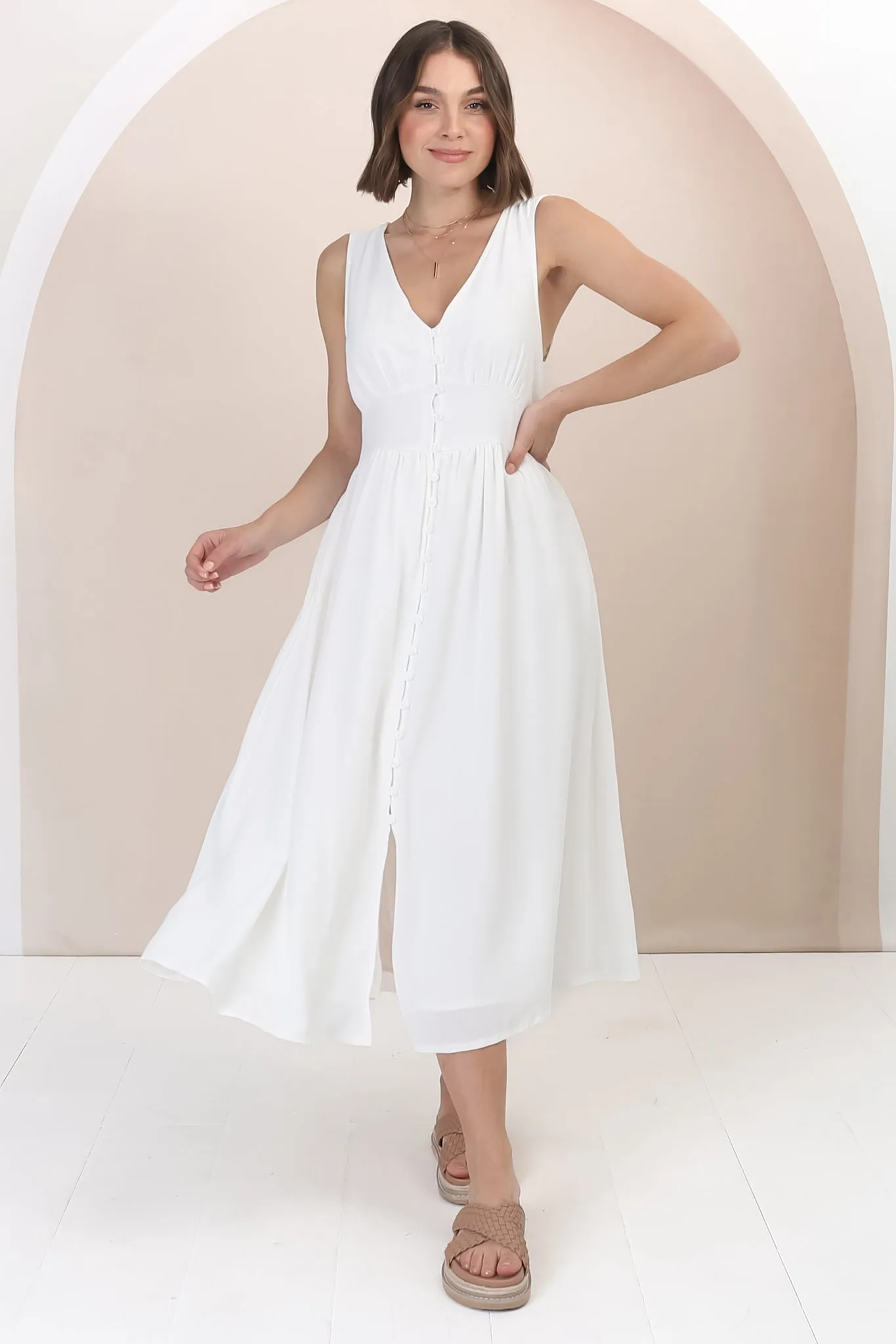 Anaya Midi Dress - V Neck Linen/Cotton Blend Button Down Sleeveless Dress in White sold by Salty Crush