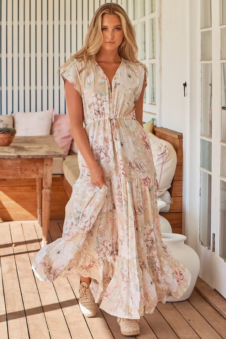 JAASE - Melissa Maxi Dress: Pull Tie Waist Dress with Split in Empire Print sold by Salty Crush