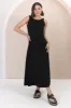 Rosalia Maxi Dress - Asymmetric Neckline Twist Sleeve A-Line Dress in Black sold by Salty Crush