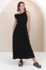Rosalia Maxi Dress - Asymmetric Neckline Twist Sleeve A-Line Dress in Black sold by Salty Crush