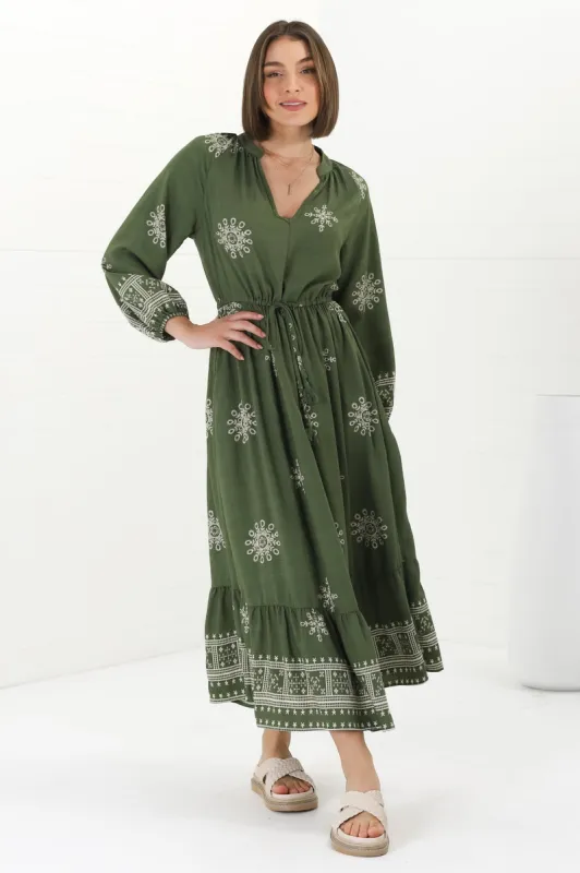 Sullivan Midi Dress - Mandarin Collar 3/4 Sleeve Dress with Pull Tie Waist in Lula Print Green sold by Salty Crush