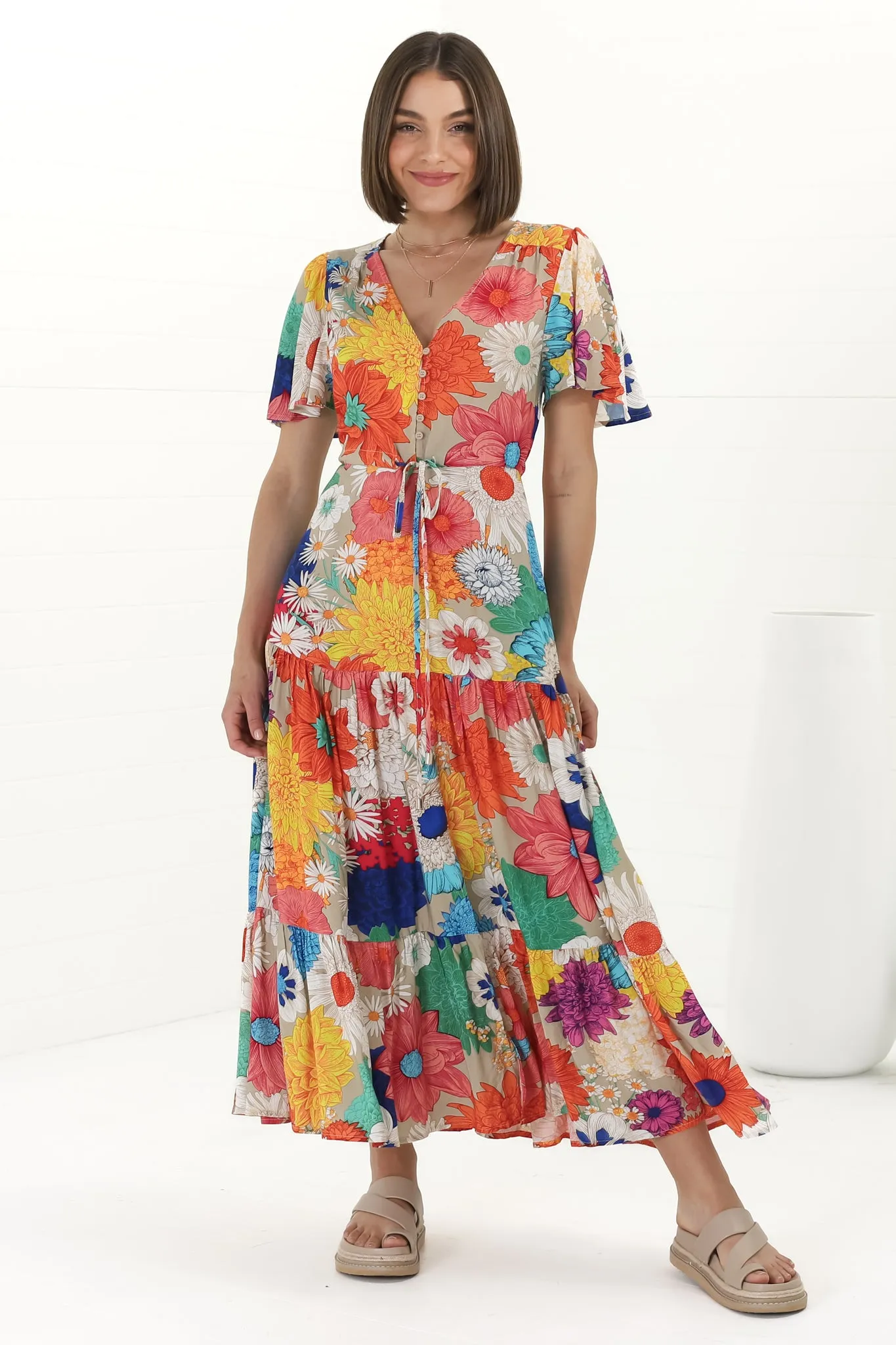 Anya Maxi Dress - Flutter Cap Sleeve Pull Tie Waist Dress in Tully Print sold by Salty Crush