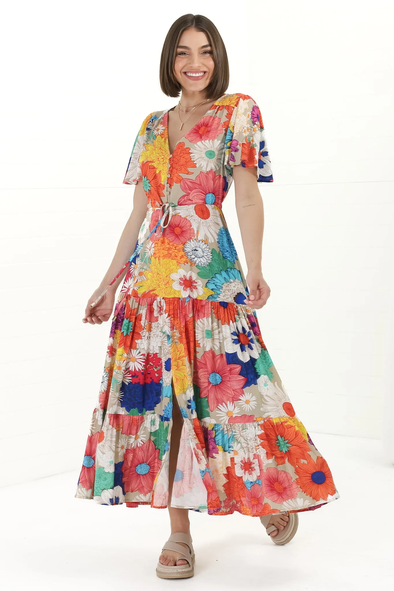 Anya Maxi Dress - Flutter Cap Sleeve Pull Tie Waist Dress in Tully Print sold by Salty Crush product image thumbnail 5