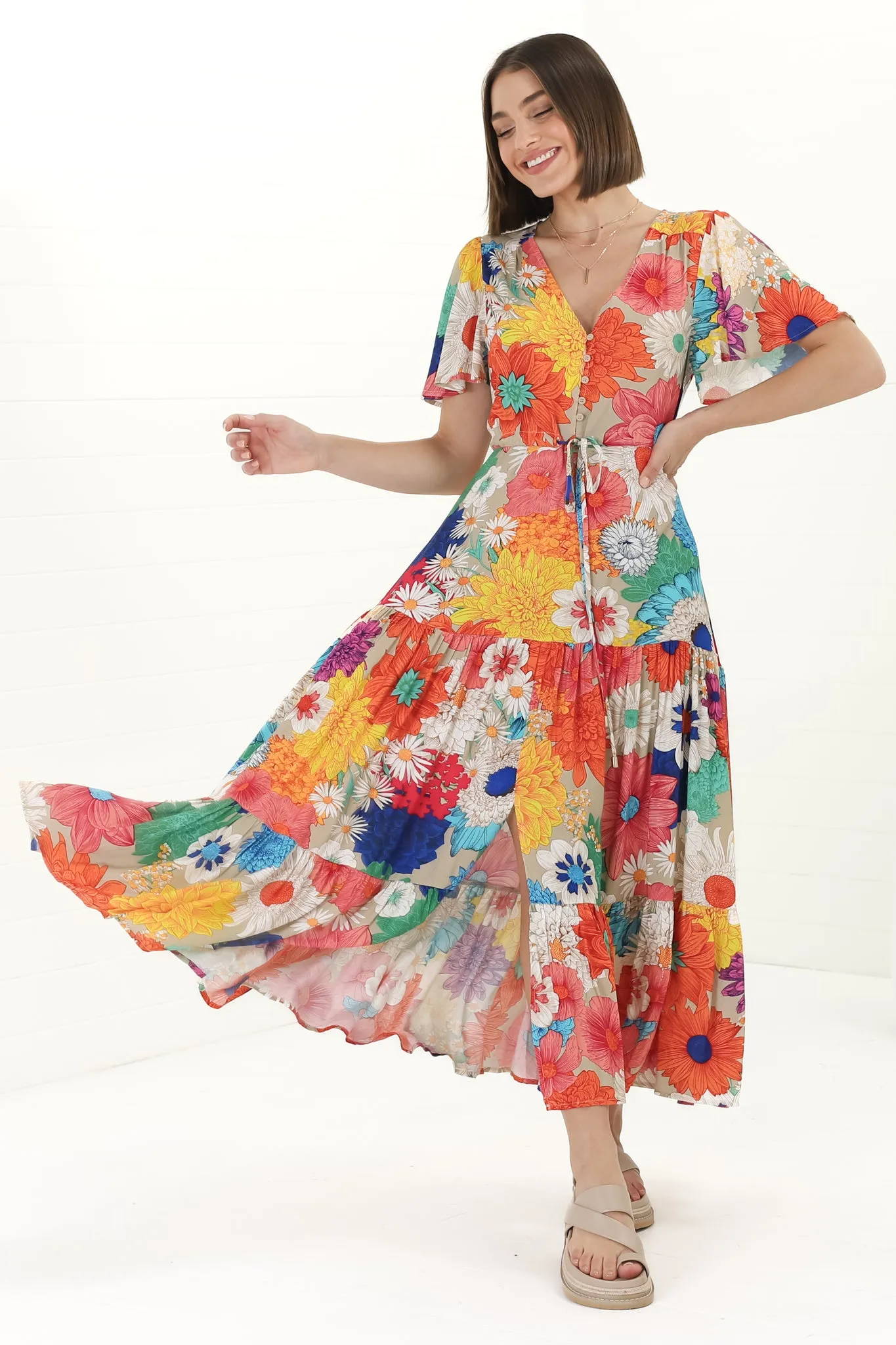 Anya Maxi Dress - Flutter Cap Sleeve Pull Tie Waist Dress in Tully Print sold by Salty Crush product image thumbnail 4