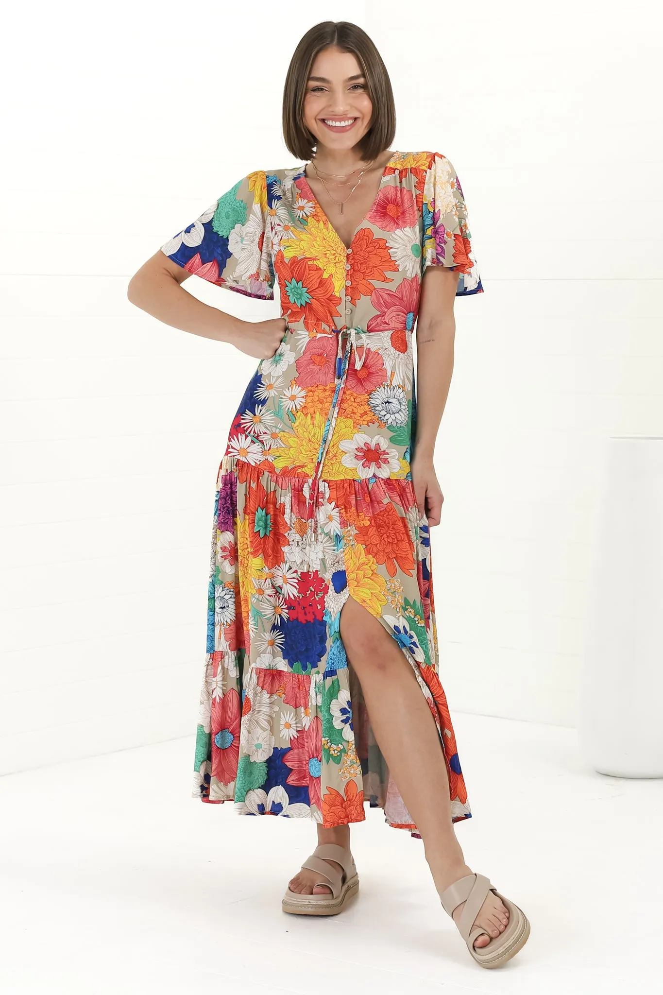 Anya Maxi Dress - Flutter Cap Sleeve Pull Tie Waist Dress in Tully Print sold by Salty Crush product image thumbnail 2