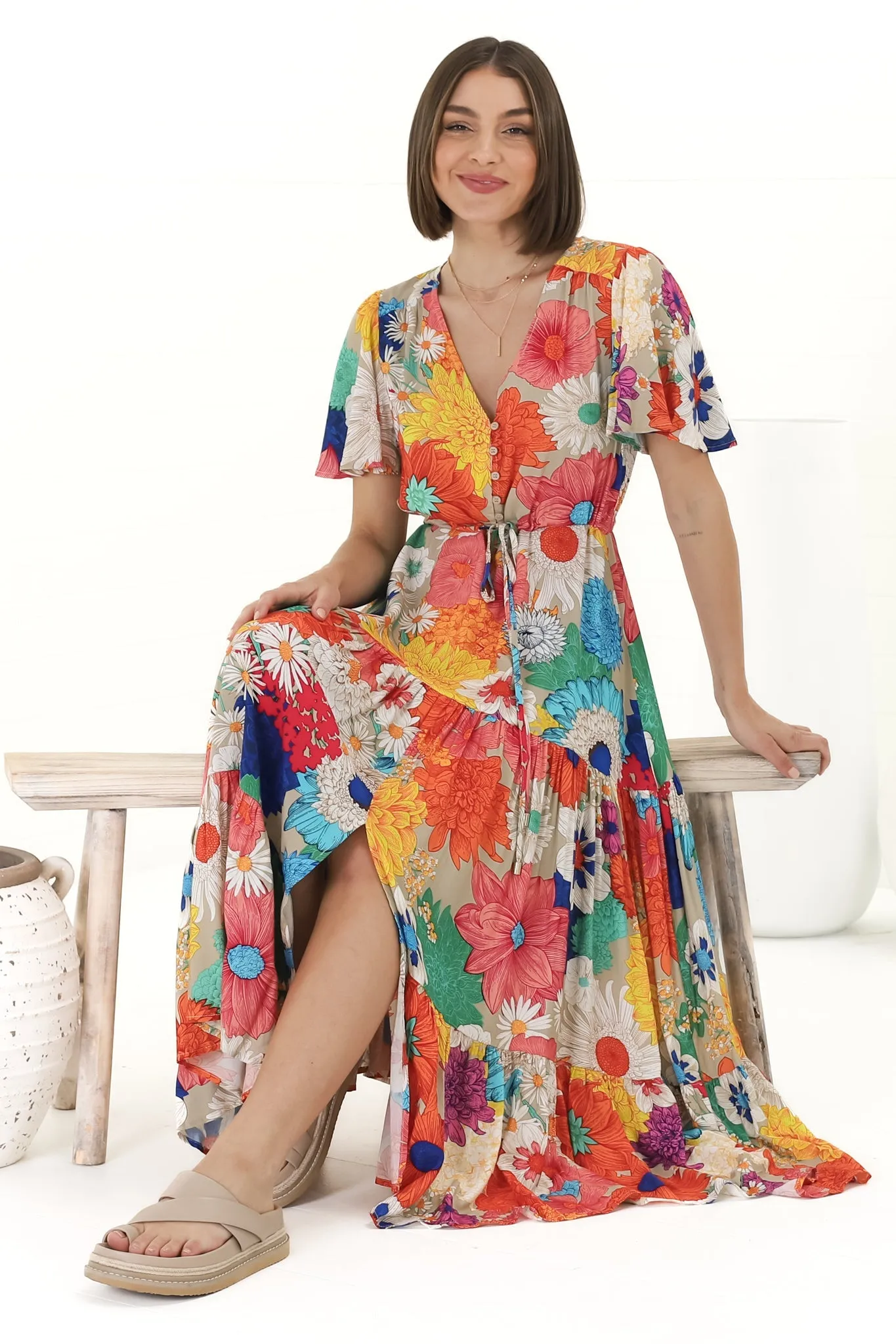 Anya Maxi Dress - Flutter Cap Sleeve Pull Tie Waist Dress in Tully Print sold by Salty Crush product image thumbnail 3