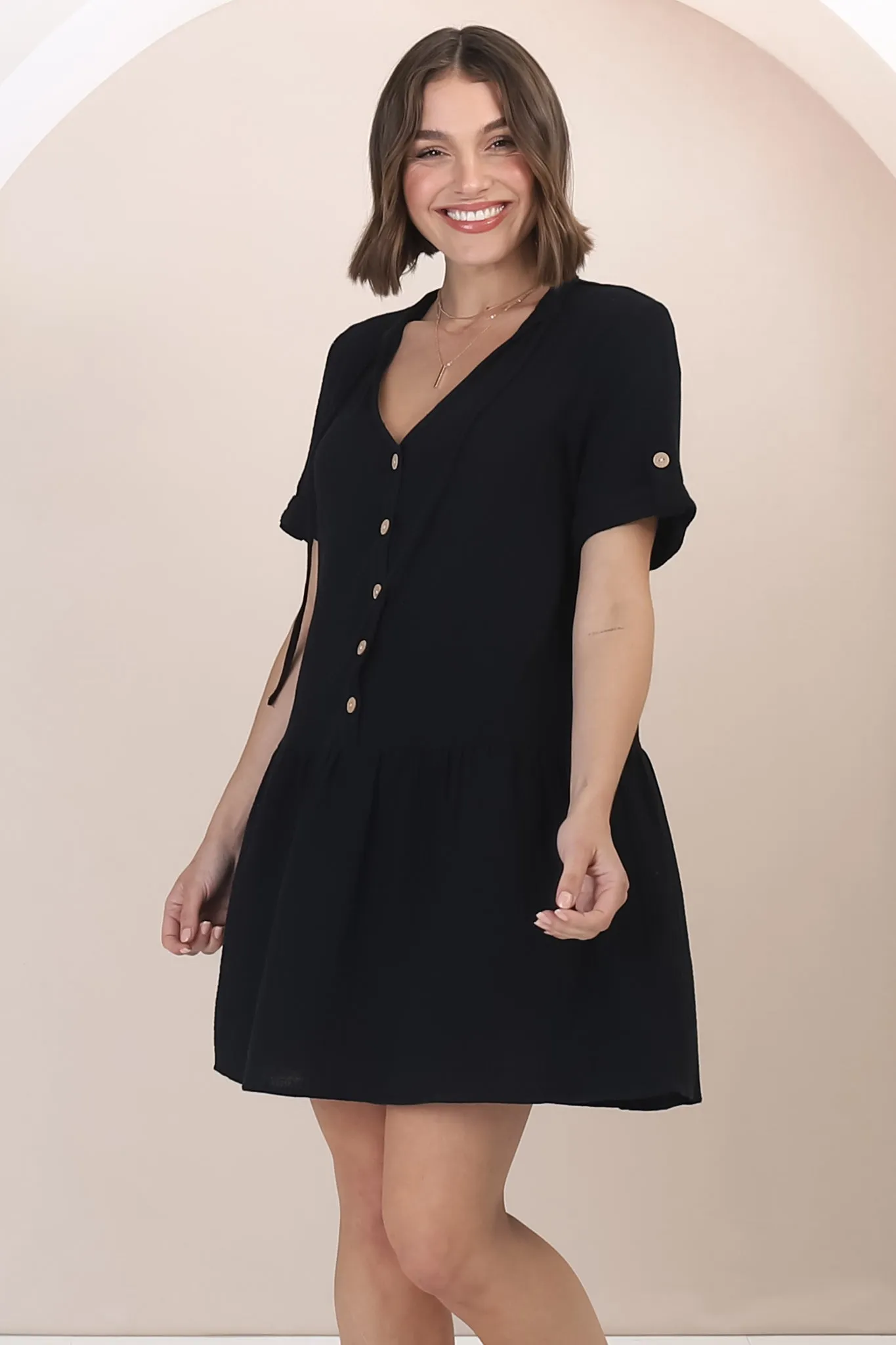 Lucie Mini Dress - Cheesecloth Cotton Shift Dress with Short Buttoned Cuff Sleeves in Black sold by Salty Crush product image thumbnail 5