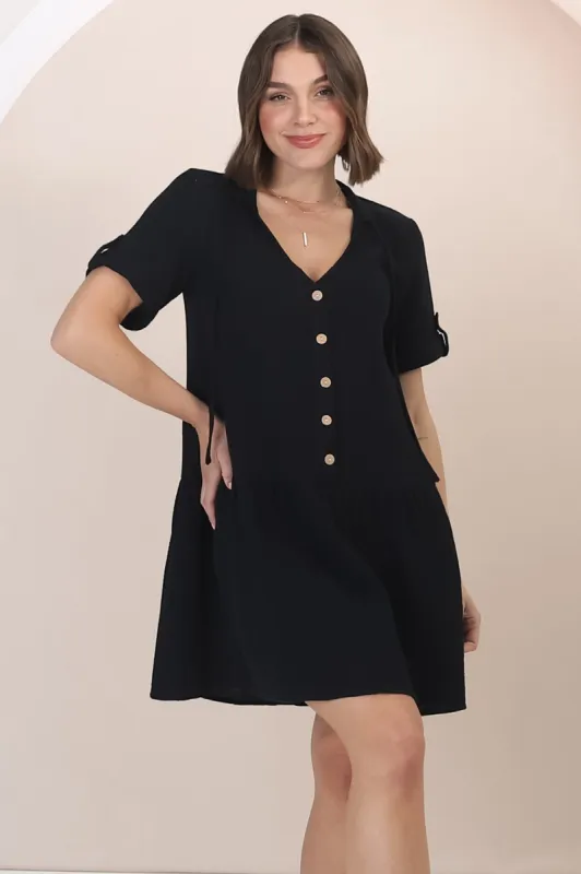 Lucie Mini Dress - Cheesecloth Cotton Shift Dress with Short Buttoned Cuff Sleeves in Black sold by Salty Crush