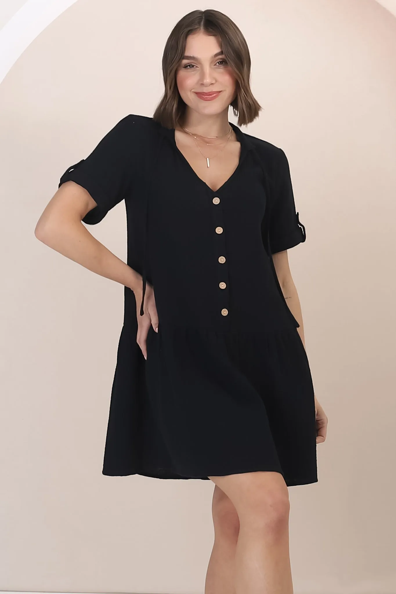 Lucie Mini Dress - Cheesecloth Cotton Shift Dress with Short Buttoned Cuff Sleeves in Black sold by Salty Crush