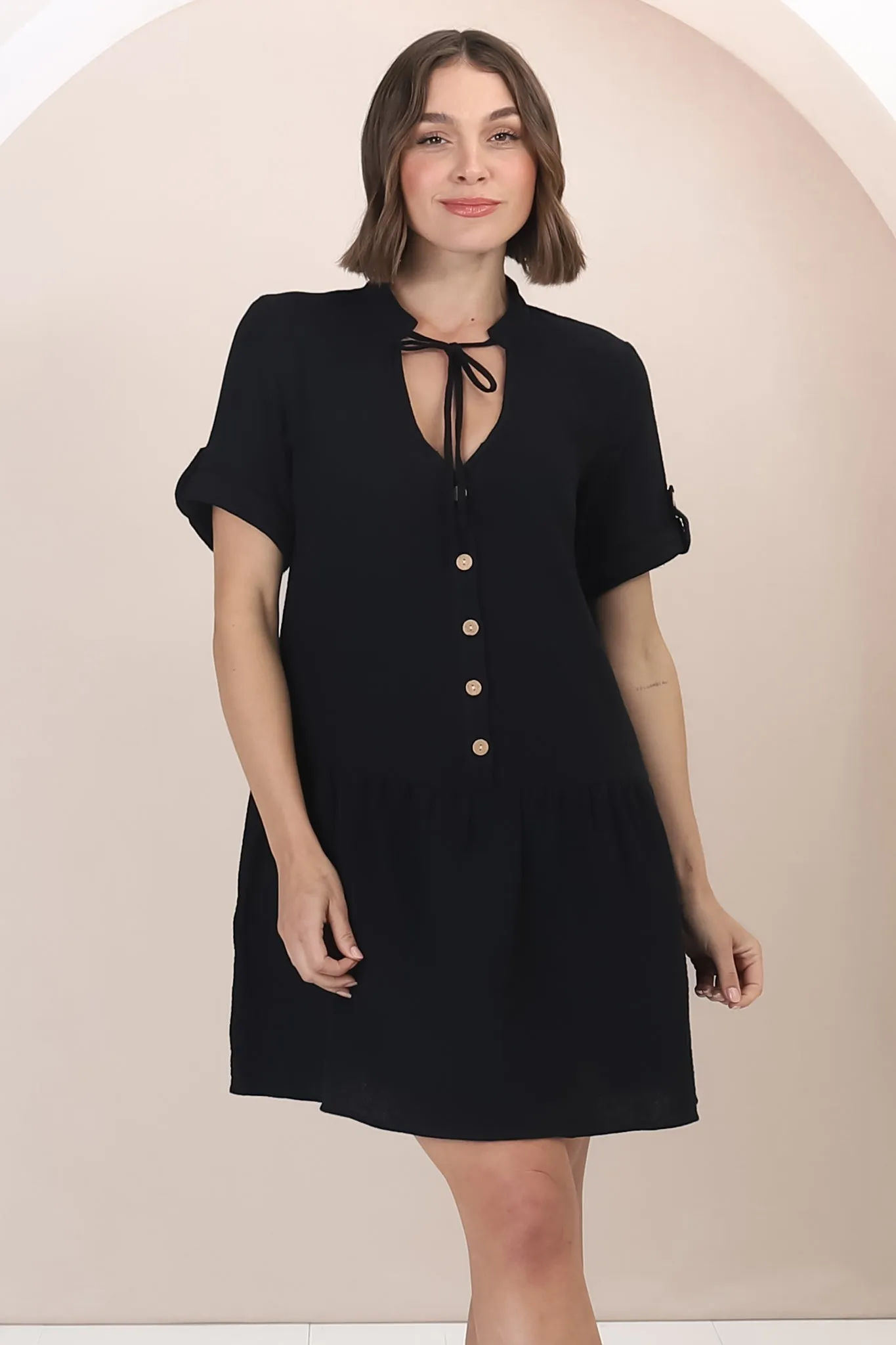 Lucie Mini Dress - Cheesecloth Cotton Shift Dress with Short Buttoned Cuff Sleeves in Black sold by Salty Crush product image thumbnail 4