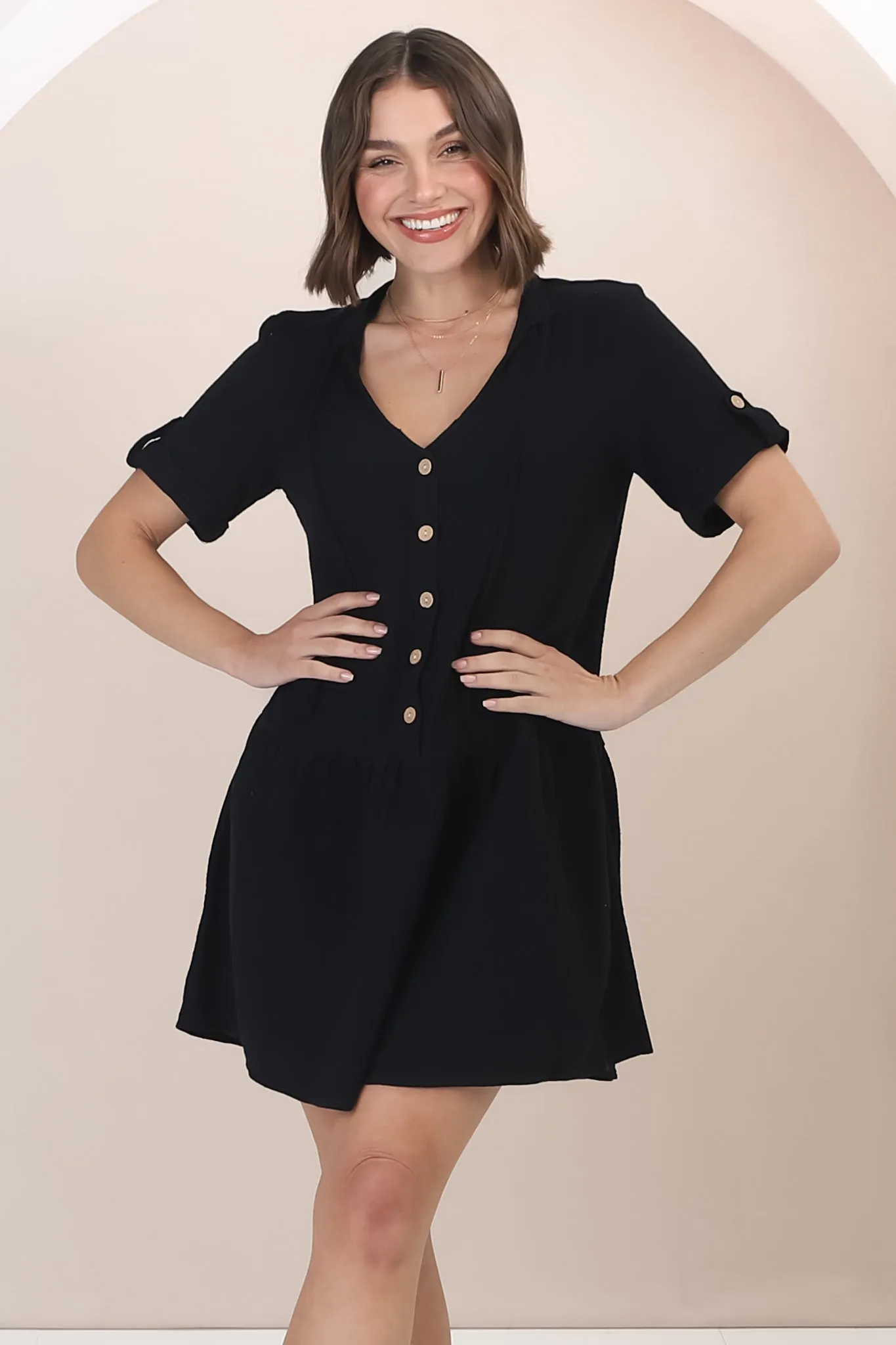 Lucie Mini Dress - Cheesecloth Cotton Shift Dress with Short Buttoned Cuff Sleeves in Black sold by Salty Crush product image thumbnail 3