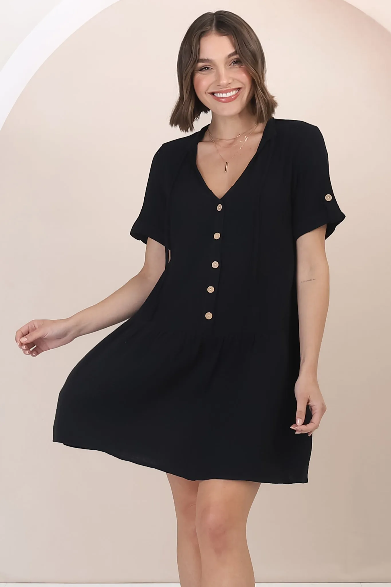 Lucie Mini Dress - Cheesecloth Cotton Shift Dress with Short Buttoned Cuff Sleeves in Black sold by Salty Crush product image thumbnail 2