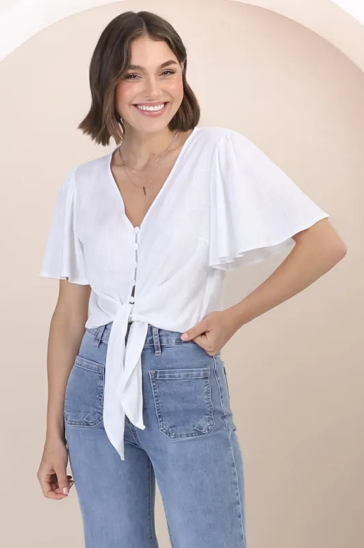 Adiana Top - Button Down Cape Sleeve Top with Tie Detail in White sold by Salty Crush