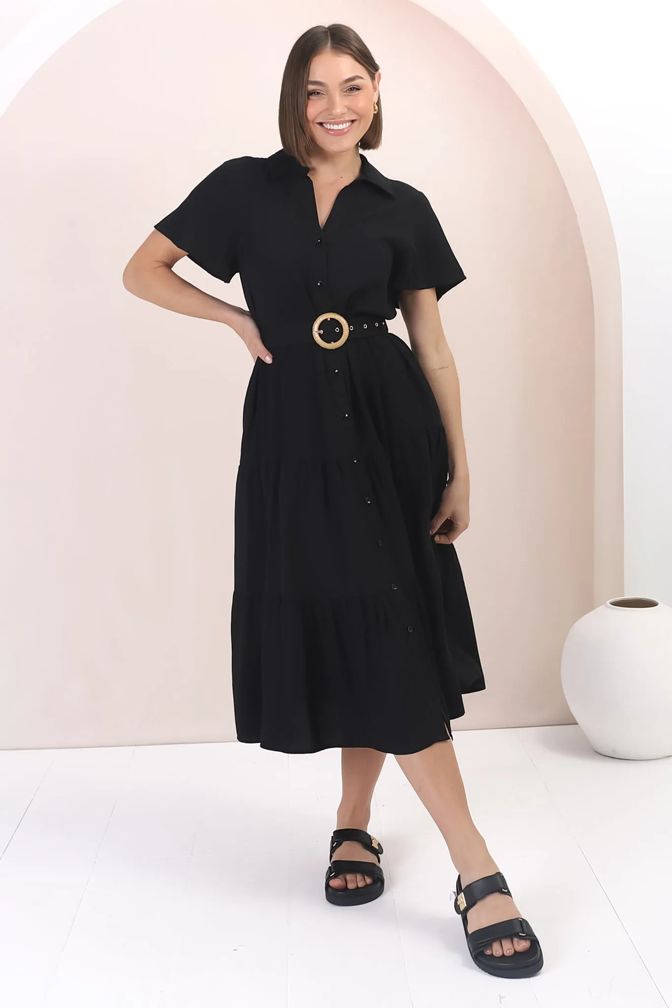 Belle Midi Dress - Button Down Collared Dress With Statement Belt In Black sold by Salty Crush product image thumbnail 2