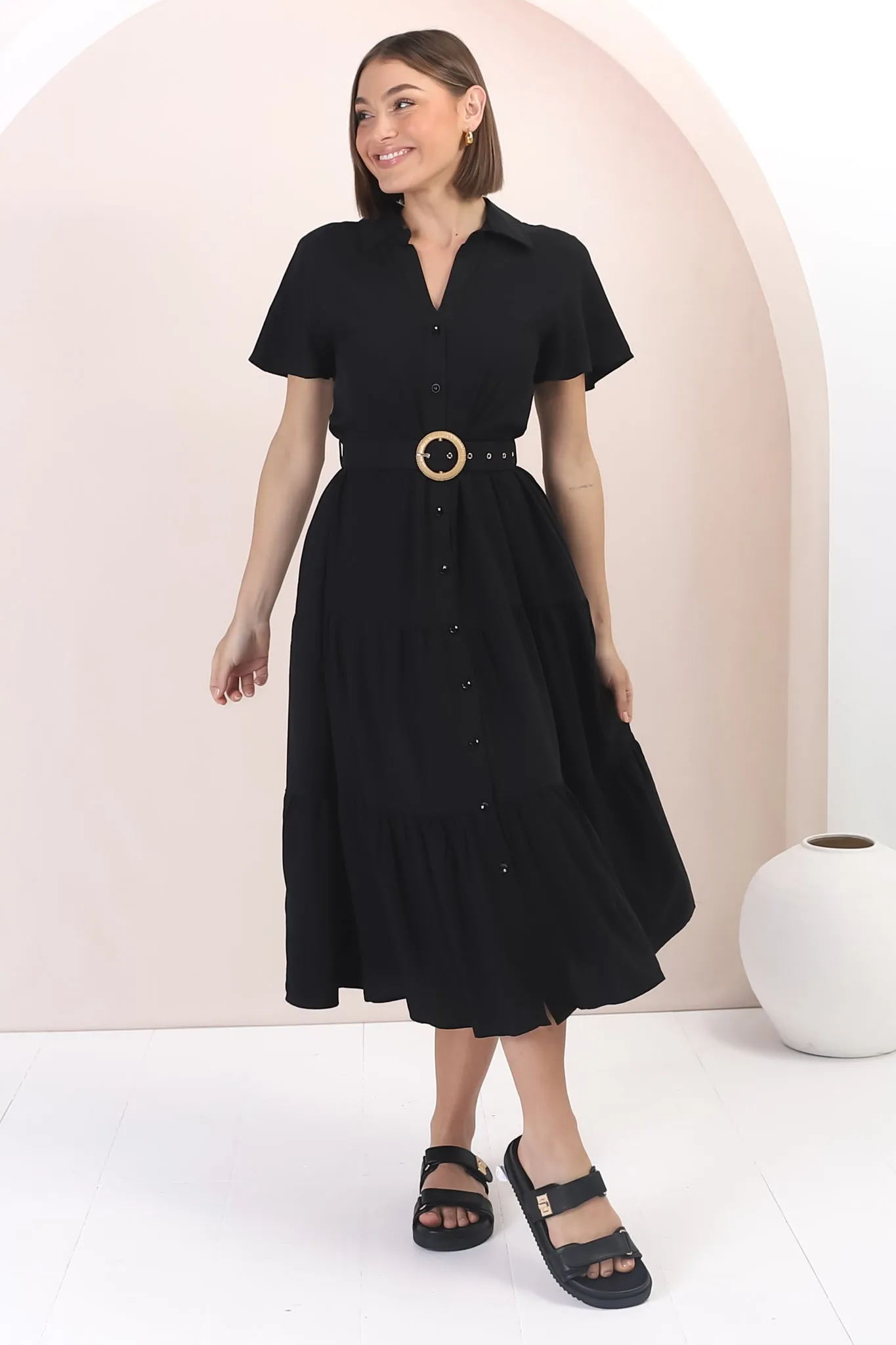 Belle Midi Dress - Button Down Collared Dress With Statement Belt In Black sold by Salty Crush product image thumbnail 5