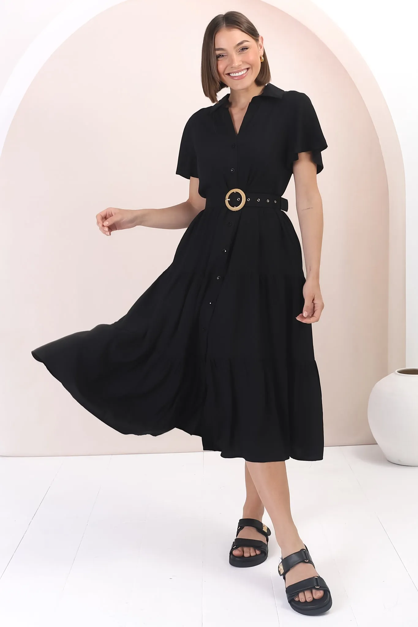 Belle Midi Dress - Button Down Collared Dress With Statement Belt In Black sold by Salty Crush product image thumbnail 3