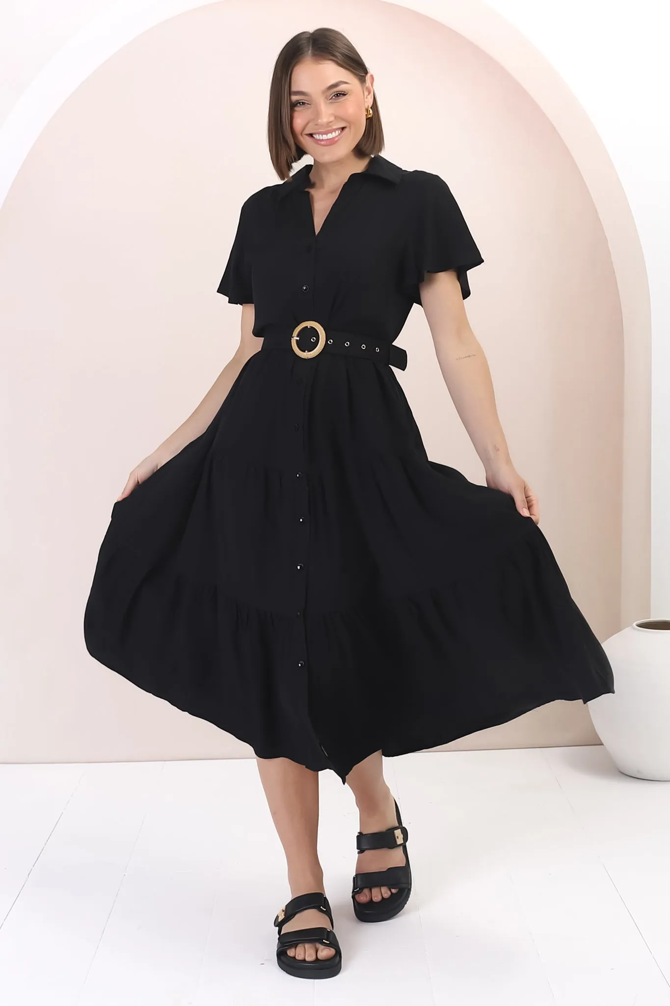 Belle Midi Dress - Button Down Collared Dress With Statement Belt In Black sold by Salty Crush product image thumbnail 4