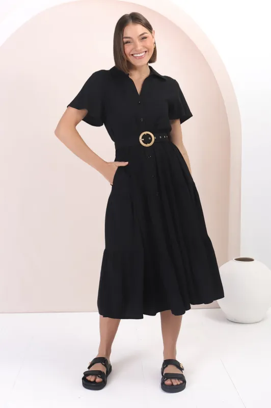 Belle Midi Dress - Button Down Collared Dress With Statement Belt In Black sold by Salty Crush