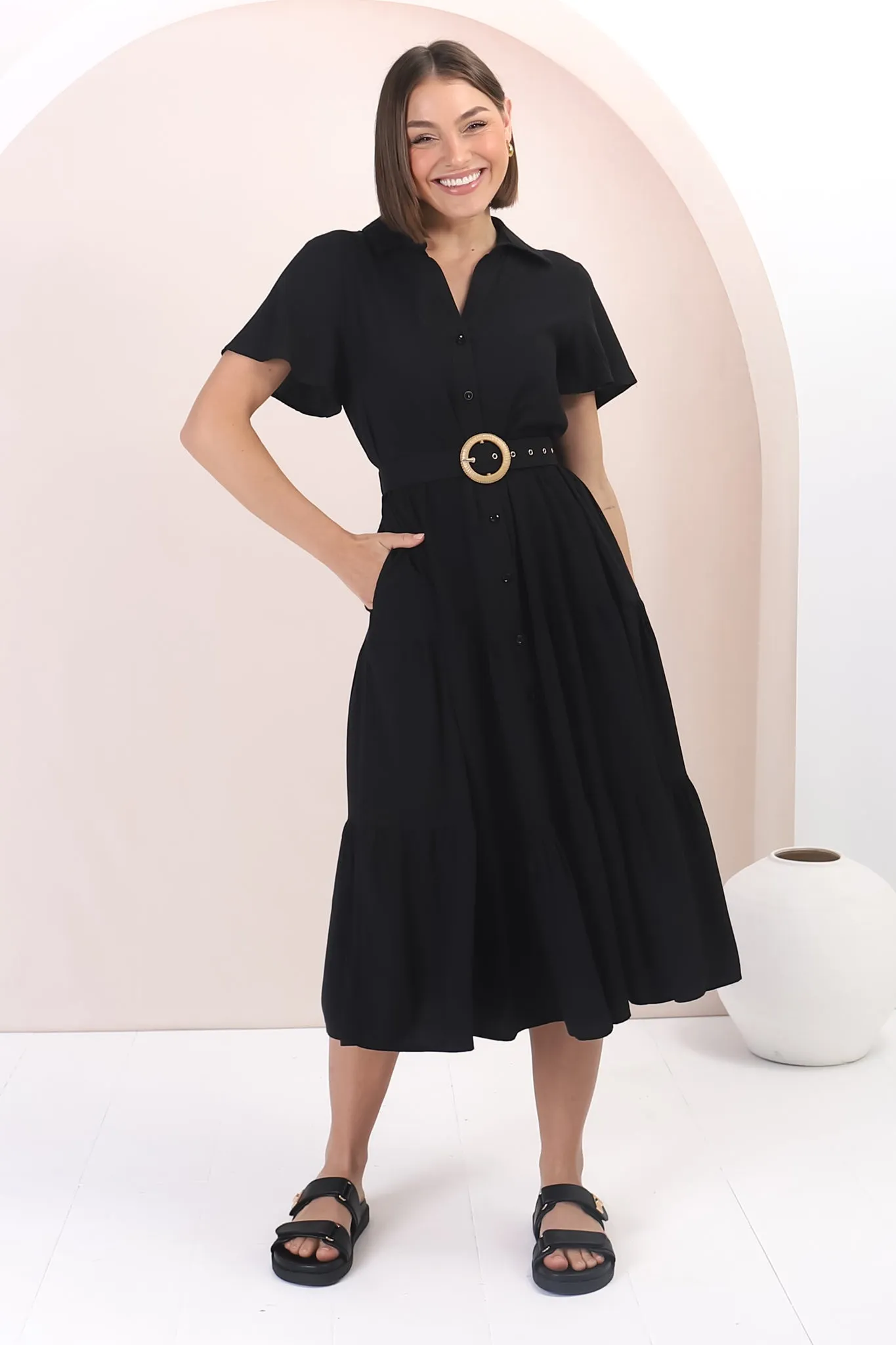 Belle Midi Dress - Button Down Collared Dress With Statement Belt In Black sold by Salty Crush