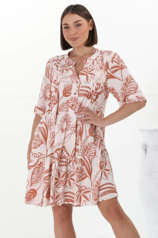 Evie Mini Dress - 3/4 Sleeve Tiered Smock Dress in Havanna Print Cream sold by Salty Crush