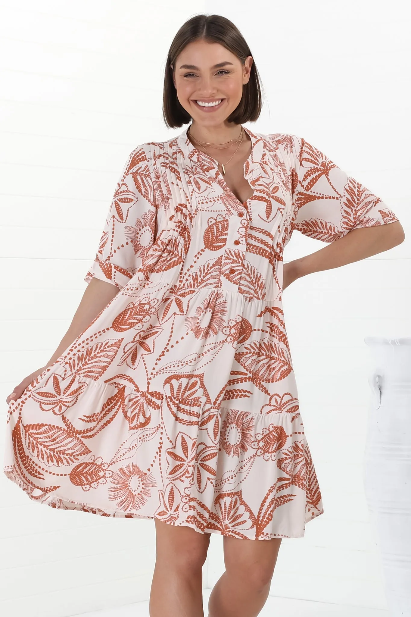 Evie Mini Dress - 3/4 Sleeve Tiered Smock Dress in Havanna Print Cream sold by Salty Crush product image thumbnail 3