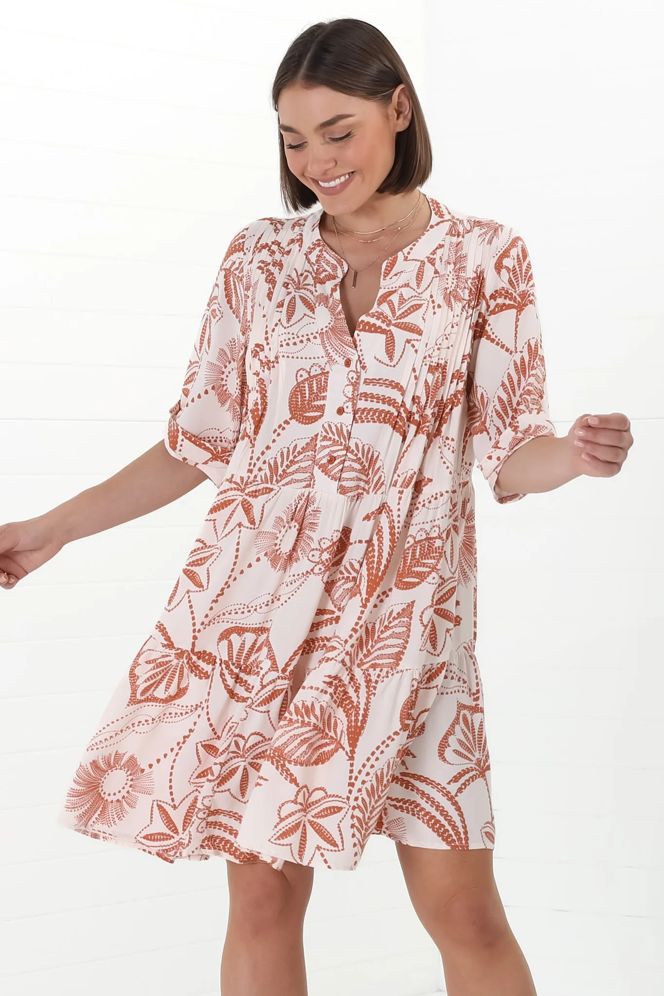 Evie Mini Dress - 3/4 Sleeve Tiered Smock Dress in Havanna Print Cream sold by Salty Crush product image thumbnail 2