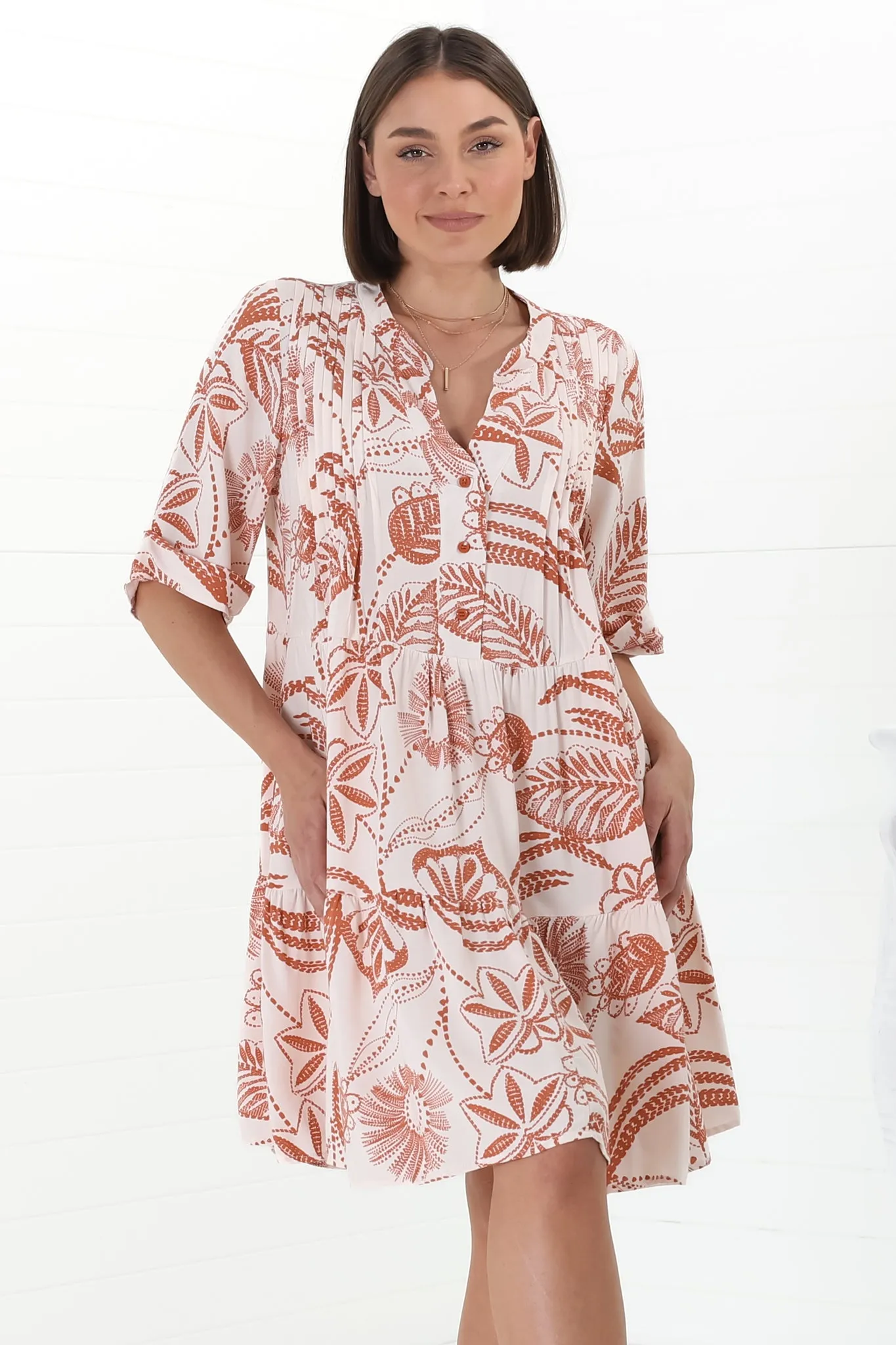 Evie Mini Dress - 3/4 Sleeve Tiered Smock Dress in Havanna Print Cream sold by Salty Crush product image thumbnail 5
