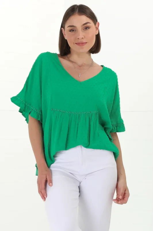 Delphy Top - V Neck Textured Pull Over Top with Wide Frill Sleeves in Green sold by Salty Crush