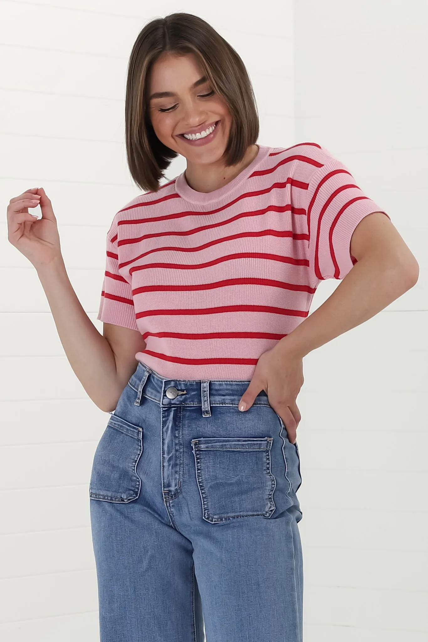 Alden Knit Top: Relaxed Striped Crew Neck Top in Pink sold by Salty Crush product image thumbnail 2