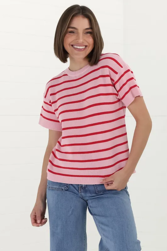 Alden Knit Top: Relaxed Striped Crew Neck Top in Pink sold by Salty Crush