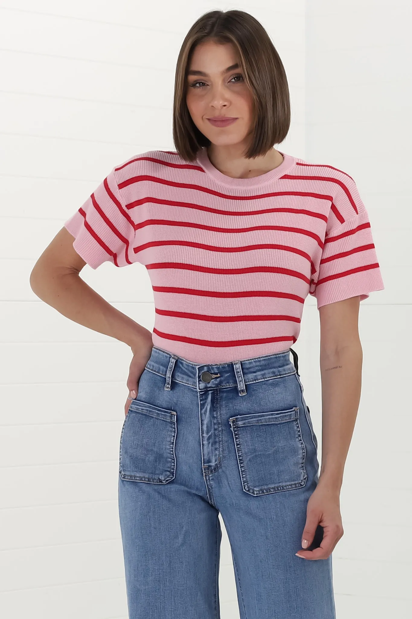 Alden Knit Top: Relaxed Striped Crew Neck Top in Pink sold by Salty Crush product image thumbnail 5