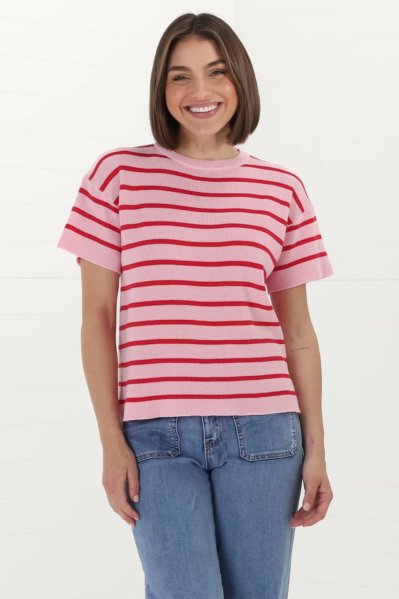 Alden Knit Top: Relaxed Striped Crew Neck Top in Pink sold by Salty Crush product image thumbnail 3