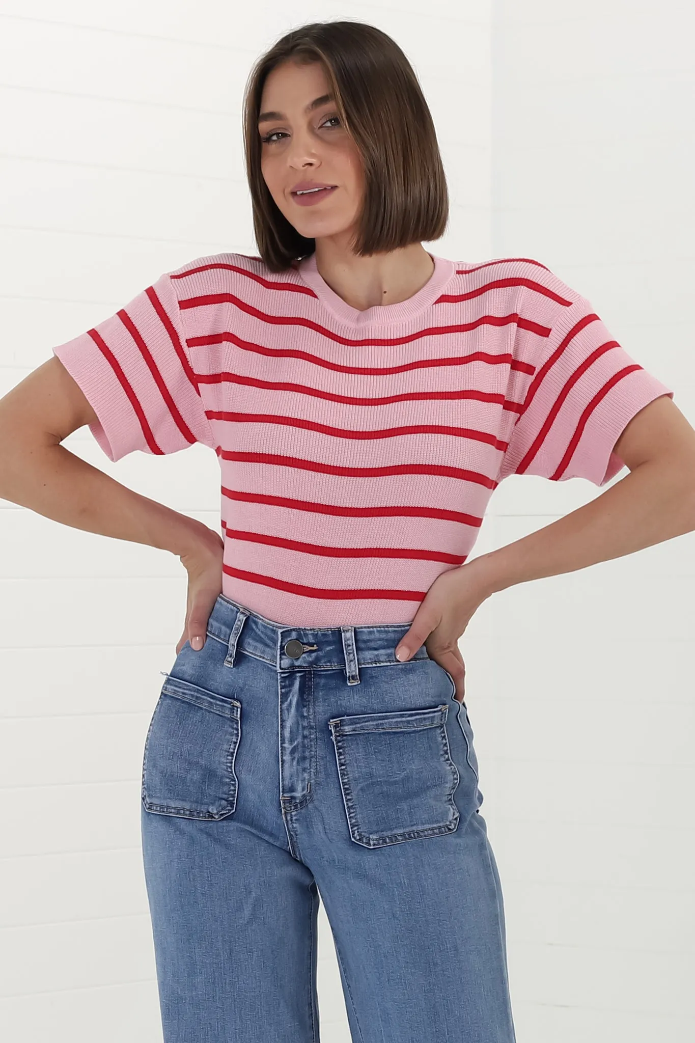 Alden Knit Top: Relaxed Striped Crew Neck Top in Pink sold by Salty Crush product image thumbnail 4