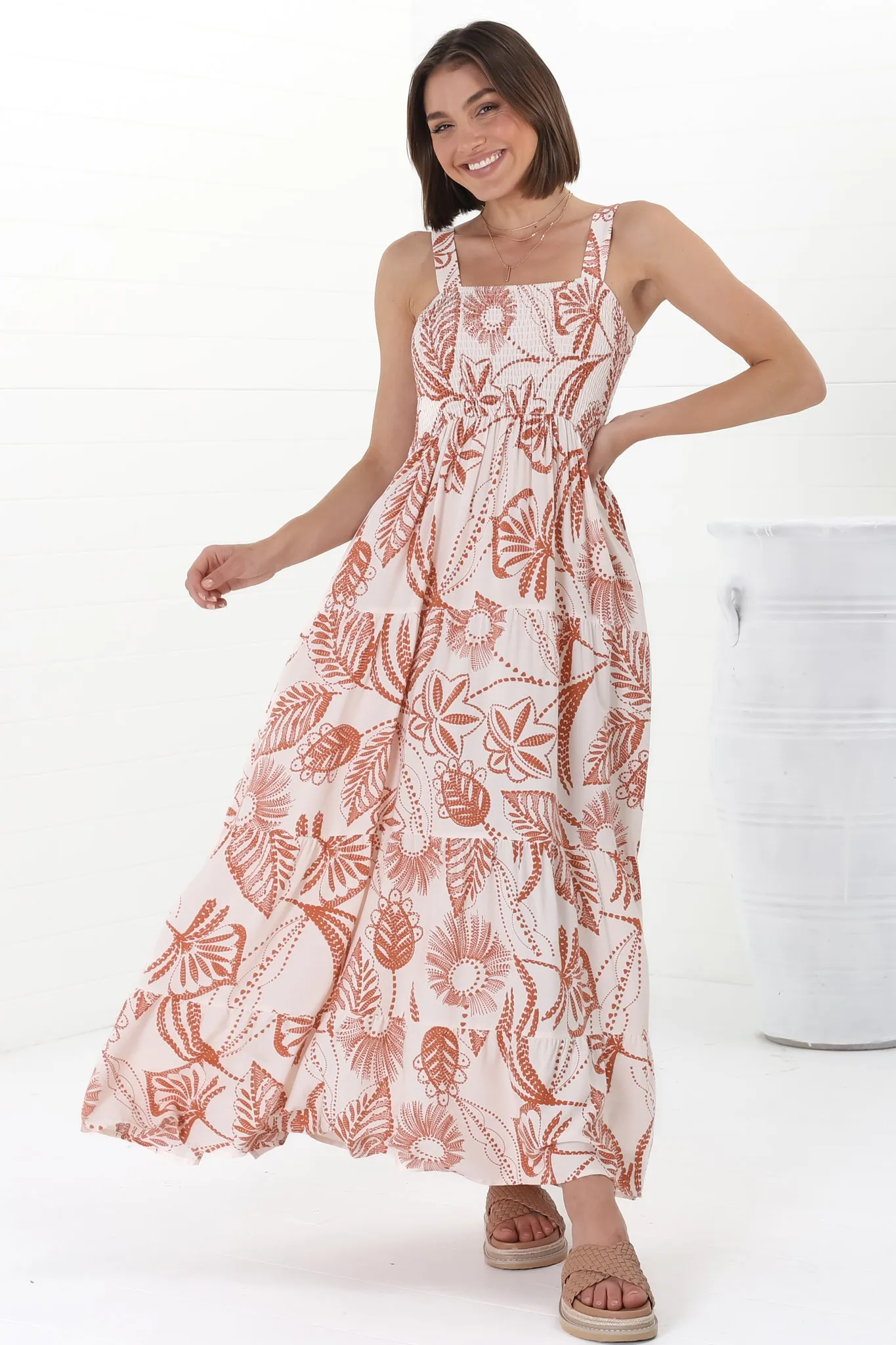 Loretta Maxi Dress - Elasticated Bodice Sun Dress in Havanna Print Cream sold by Salty Crush product image thumbnail 5