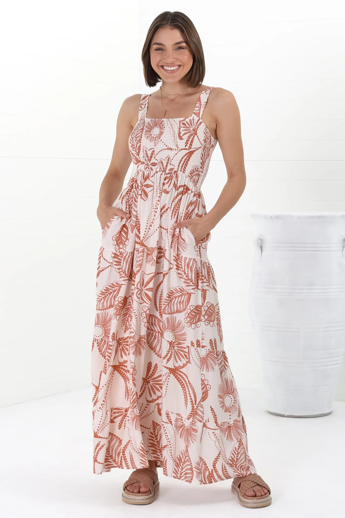 Loretta Maxi Dress - Elasticated Bodice Sun Dress in Havanna Print Cream sold by Salty Crush product image thumbnail 4