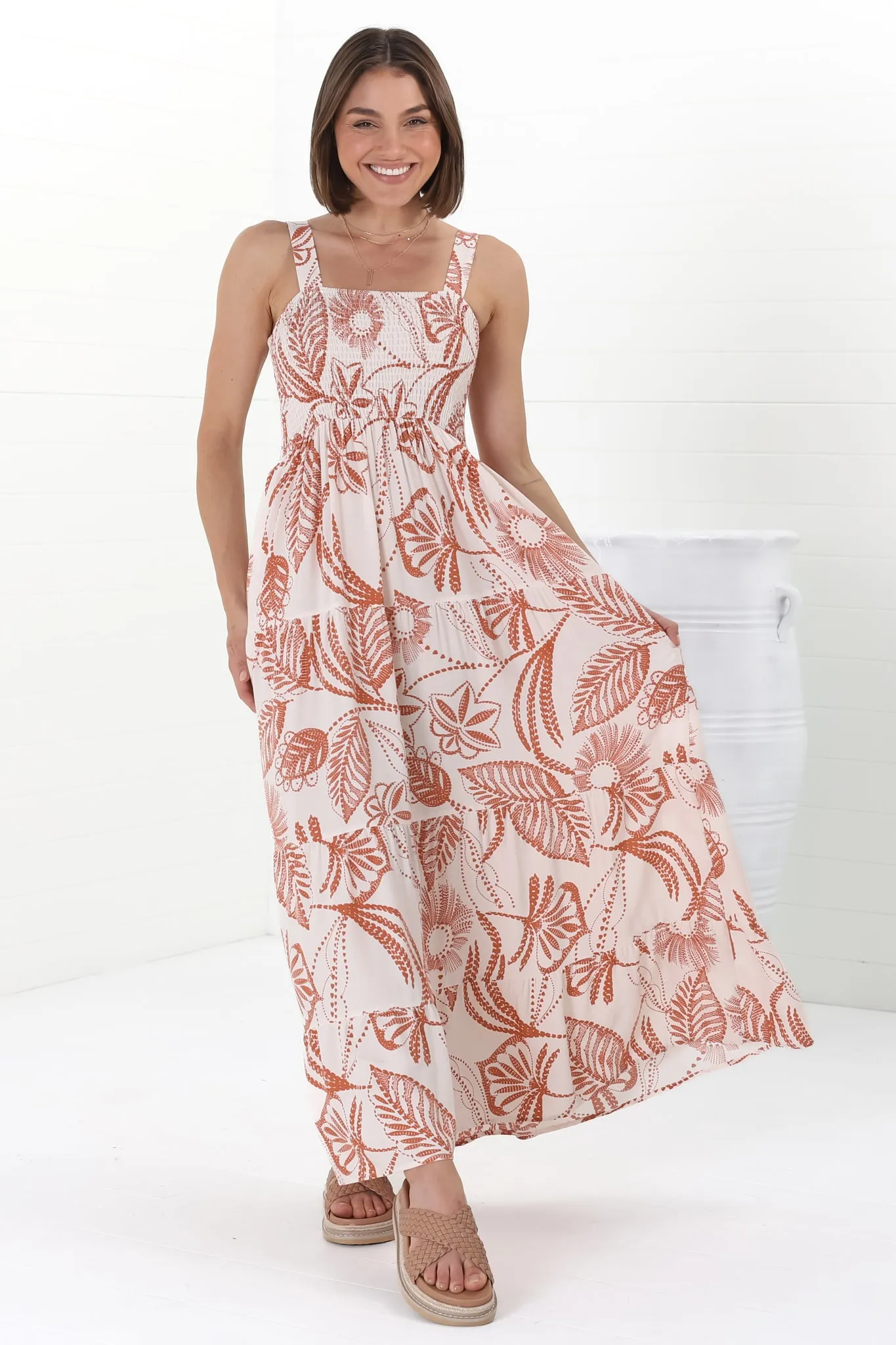 Loretta Maxi Dress - Elasticated Bodice Sun Dress in Havanna Print Cream sold by Salty Crush