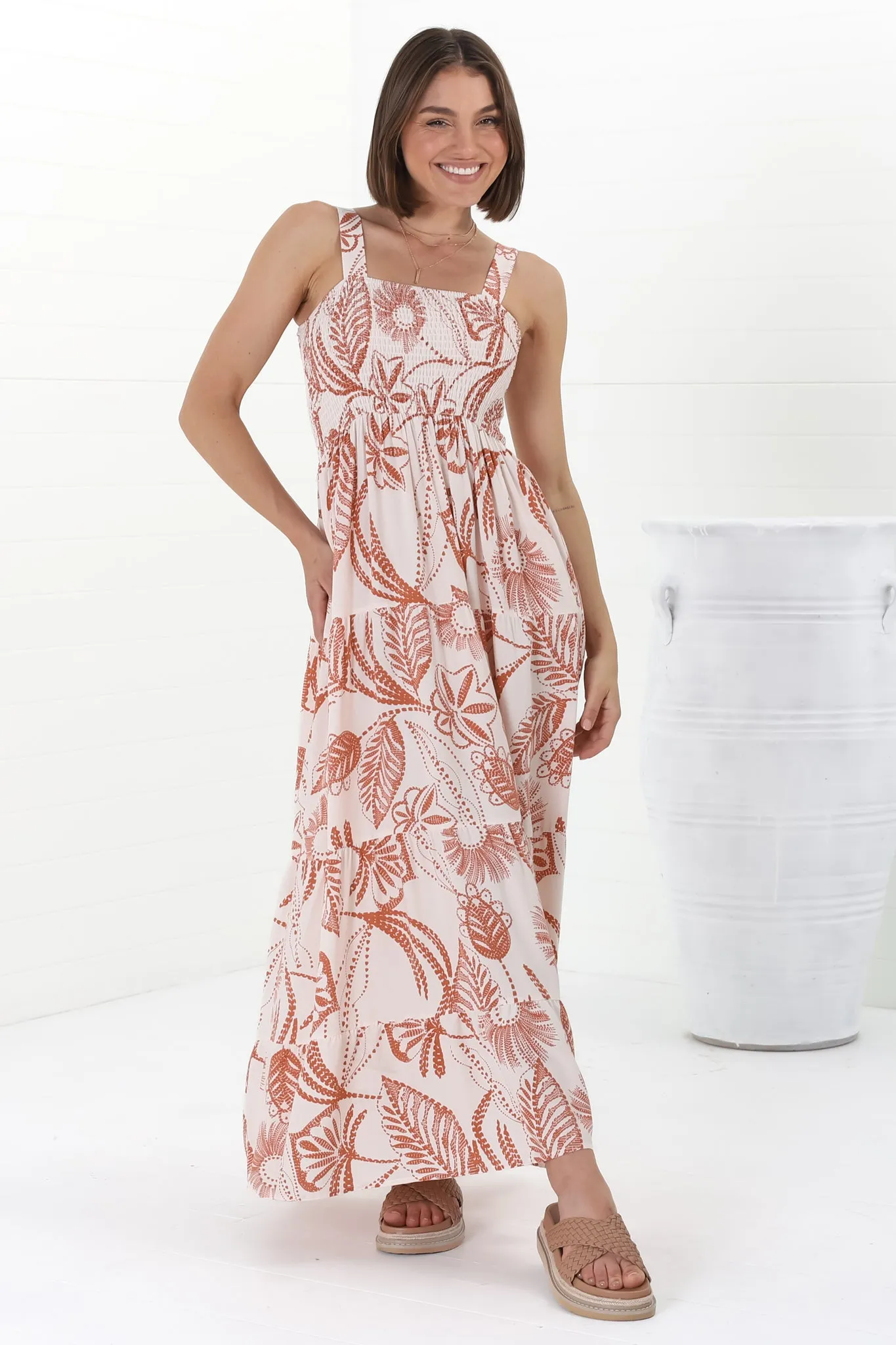 Loretta Maxi Dress - Elasticated Bodice Sun Dress in Havanna Print Cream sold by Salty Crush product image thumbnail 2