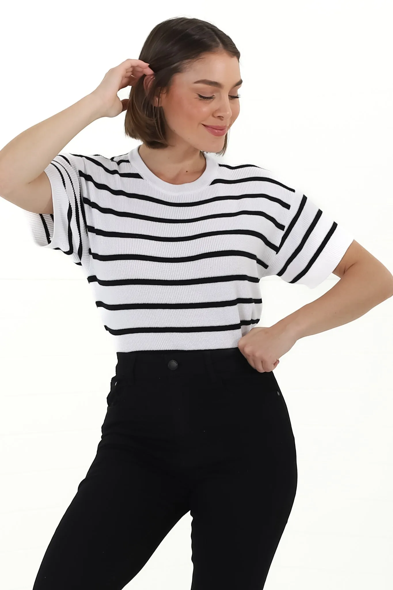 Alden Knit Top: Relaxed Striped Crew Neck Top in White sold by Salty Crush product image thumbnail 3
