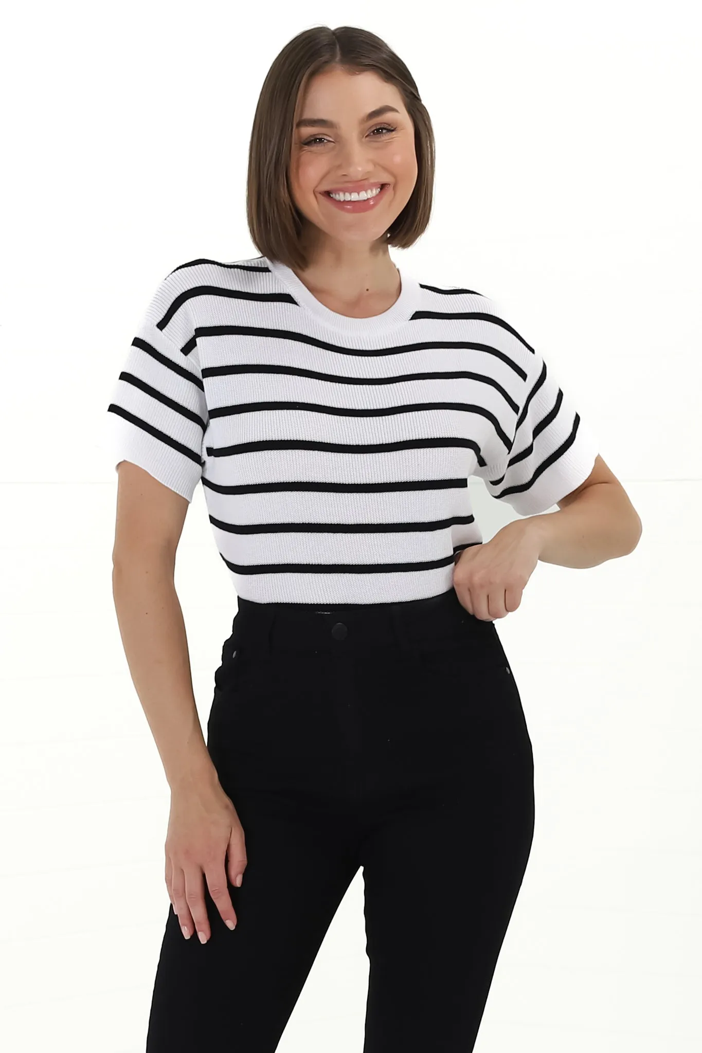 Alden Knit Top: Relaxed Striped Crew Neck Top in White sold by Salty Crush product image thumbnail 5
