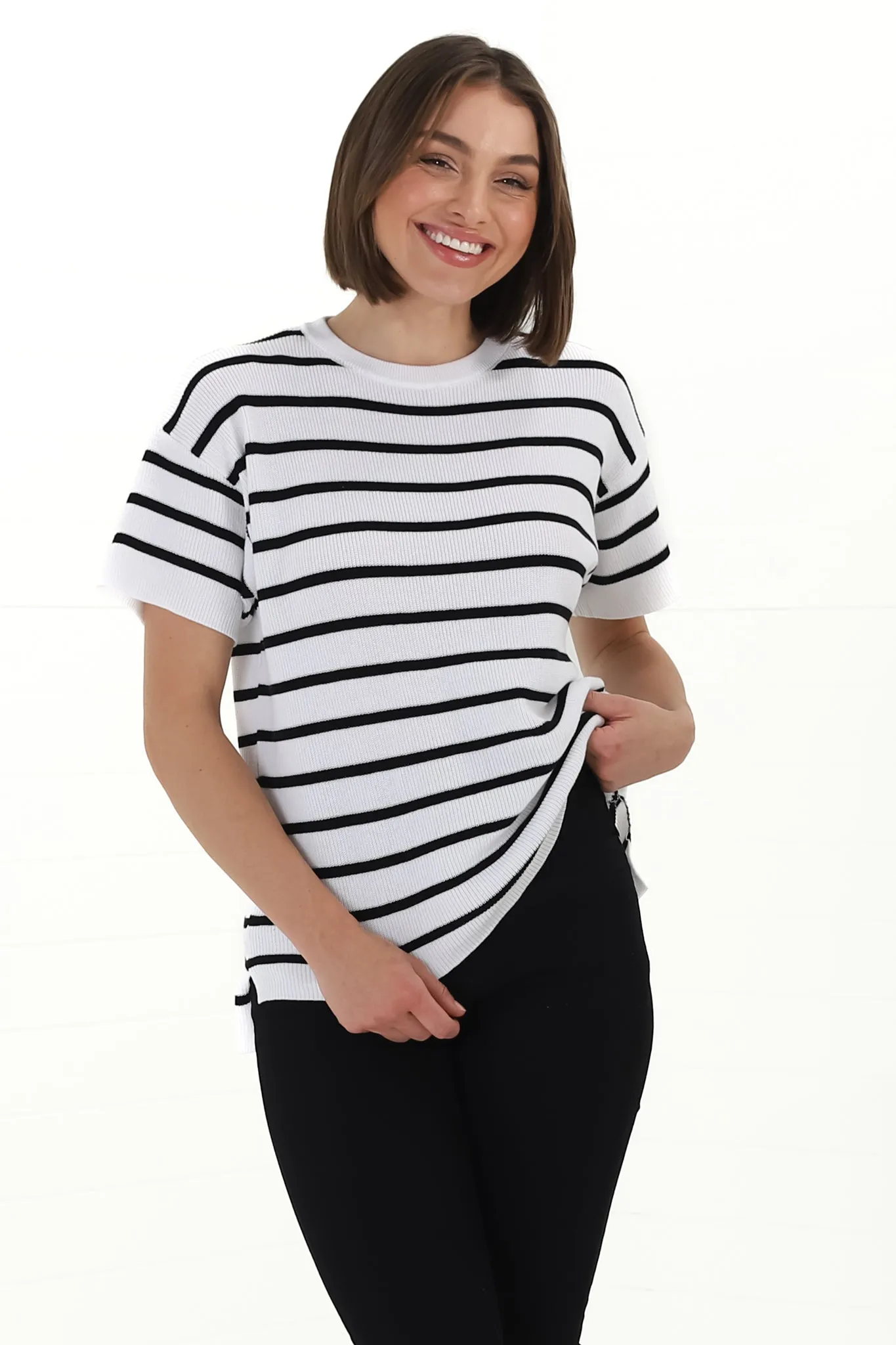 Alden Knit Top: Relaxed Striped Crew Neck Top in White sold by Salty Crush product image thumbnail 4