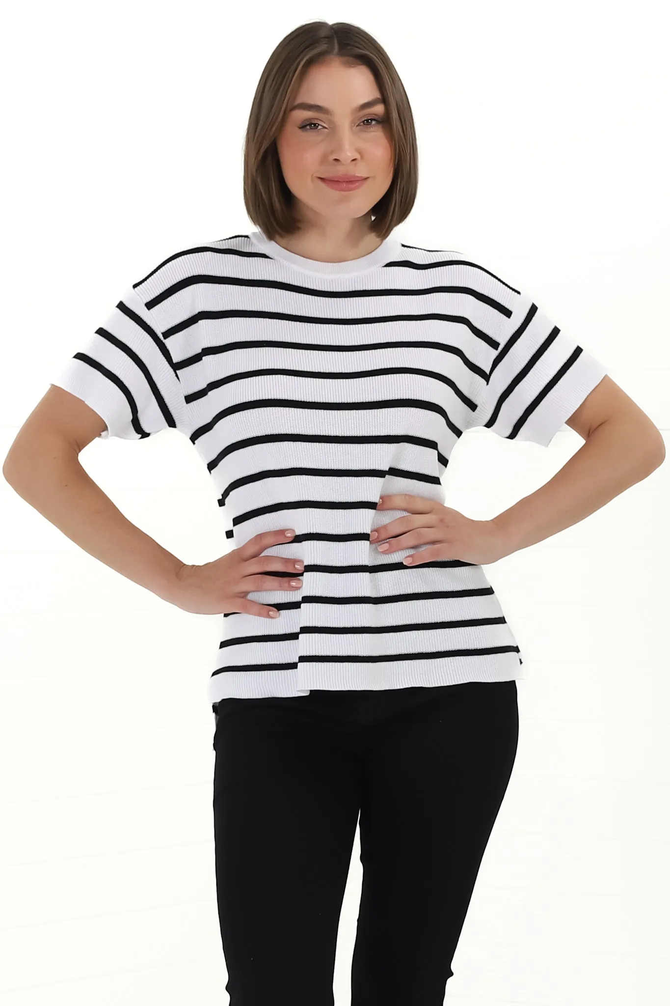 Alden Knit Top: Relaxed Striped Crew Neck Top in White sold by Salty Crush product image thumbnail 2