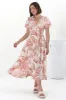 Anais Midi Dress - Cap Flutter Sleeve Button Down A Line Dress in Havanna Print Cream sold by Salty Crush